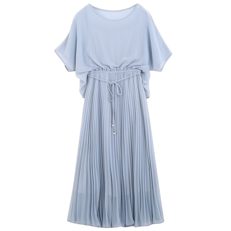 [LT新款]拉夏贝尔很仙的雪纺连衣裙女装夏新款高腰显瘦中长款流行百褶裙子