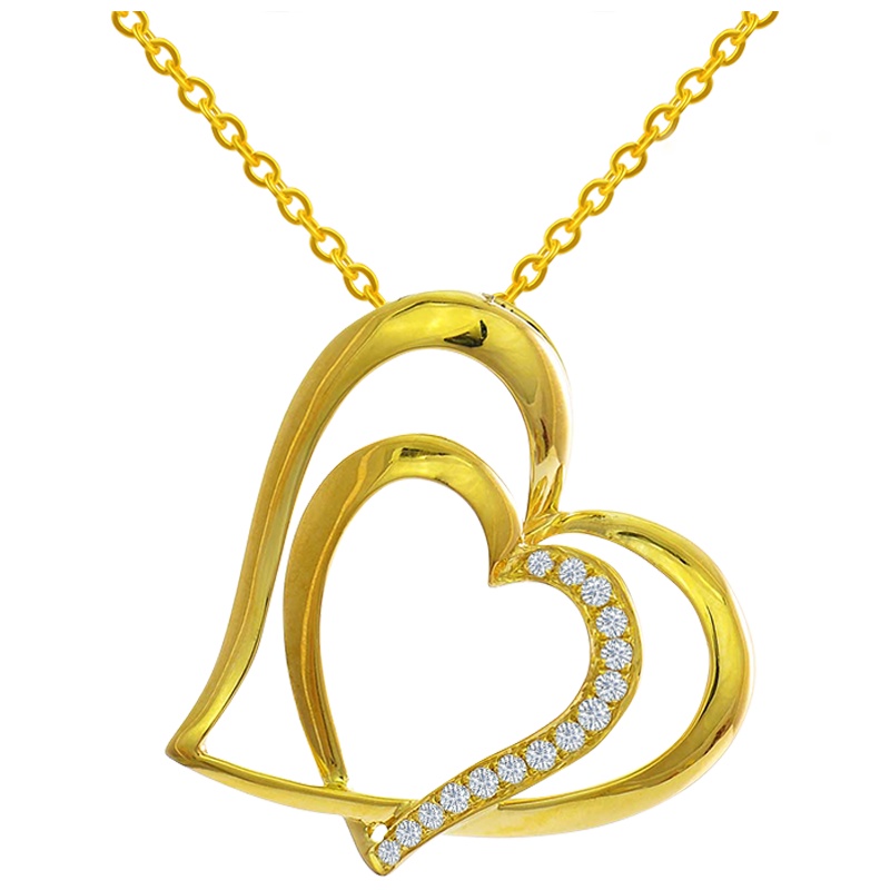 梦克拉  18K金群镶钻石吊坠 心形 桃心 金色双心项链心形吊坠 恋语
