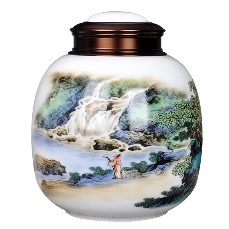 LICHEN 景德镇茶叶罐陶瓷密封储物干坚果罐子中草药防潮防虫带盖罐约半斤装双层金属盖子 山水C