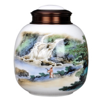 LICHEN 景德镇茶叶罐陶瓷密封储物干坚果罐子中草药防潮防虫带盖罐约半斤装双层金属盖子 山水C
