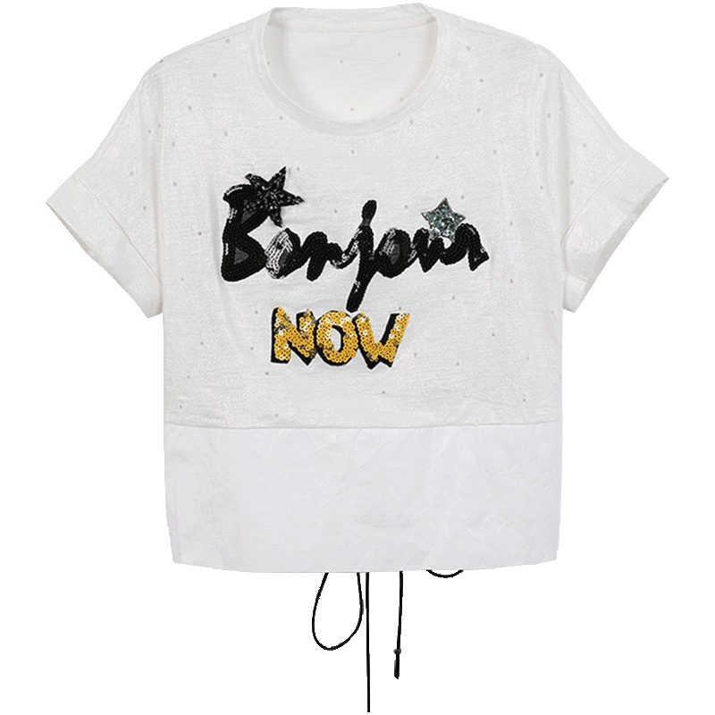 马克华菲女装2019夏季新款纯棉简约白色T恤女短袖 绑带收腰上衣