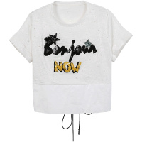 马克华菲女装2019夏季新款纯棉简约白色T恤女短袖 绑带收腰上衣