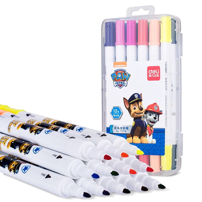 得力汪汪队立大功双头水彩笔套装细头儿童幼儿园学生用彩笔软头水彩画笔12色可水洗安全无毒绘画70716LAN