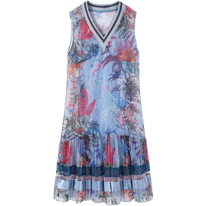 马克华菲女装2020夏连衣裙无袖褶皱裙摆复古印花连衣裙