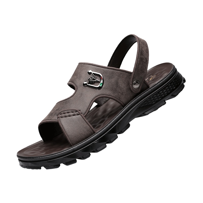 牧伦奴仕(MULUNUSHI)夏季沙滩鞋男士凉鞋软底透气男户外凉拖鞋休闲鞋聚氨酯底两用超纤皮凉鞋男鞋子潮暗棕色55600