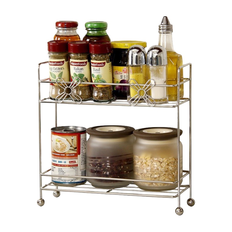 欧润哲(ORANGE) 不锈钢双层厨房置物架 免安装调料架子收纳层架 落地储物架厨具架107843