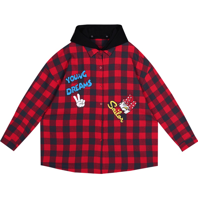 2019春秋格子衬衫女韩版百搭宽松bf连帽复古港味风设计感小众外套