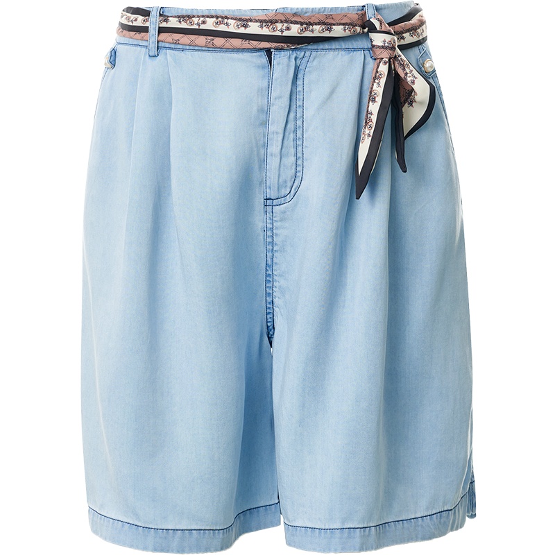 欧昵雪夏季丝巾系带蝴蝶结直筒薄款休闲裤高腰显瘦天丝牛仔短裤女