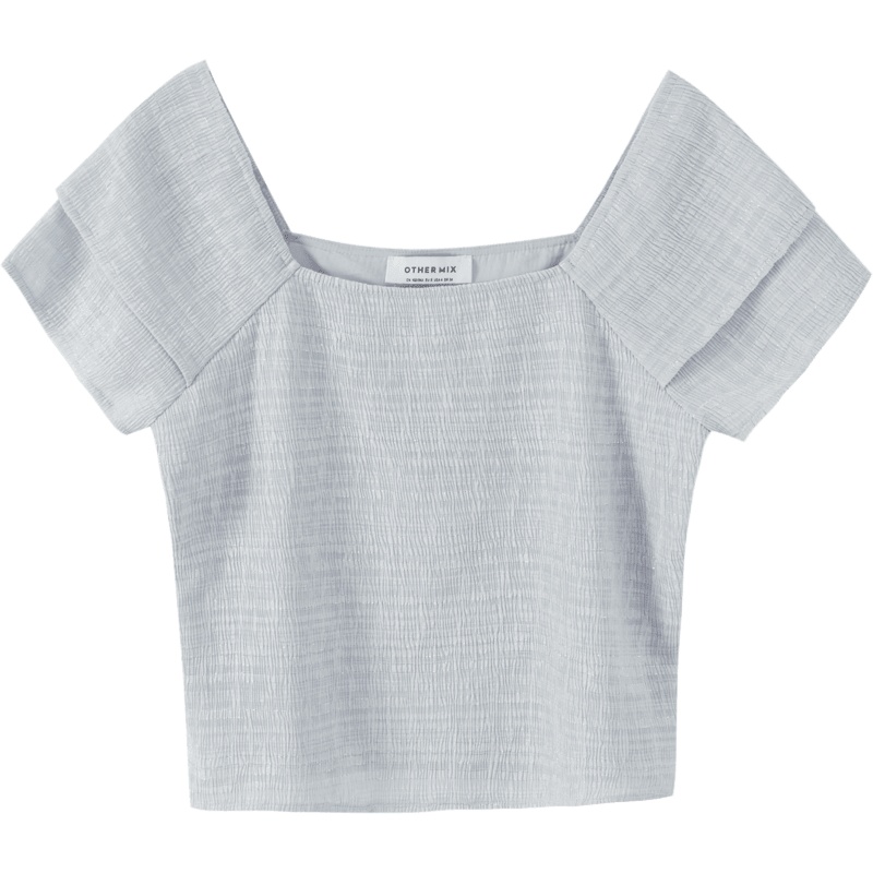 OtherMix拼接褶皱雪纺衫2021年夏季新款韩版设计感方领短款女上衣