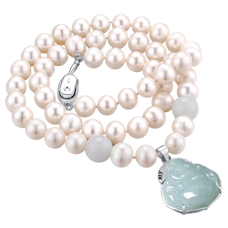 蒂蔻（tico）翡翠佛珍珠项链女款母亲节礼物送妈妈送婆婆创意实用玉石强光淡水珍珠925银套链