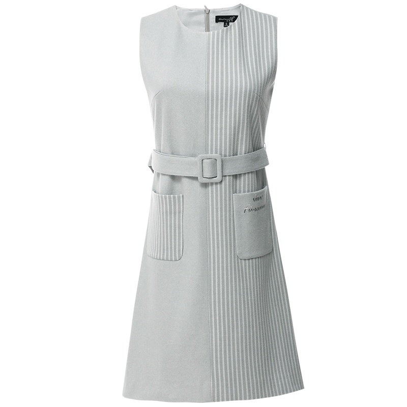 欧昵雪秋冬季圆领拼接竖条纹收腰毛呢连衣裙女无袖背心裙