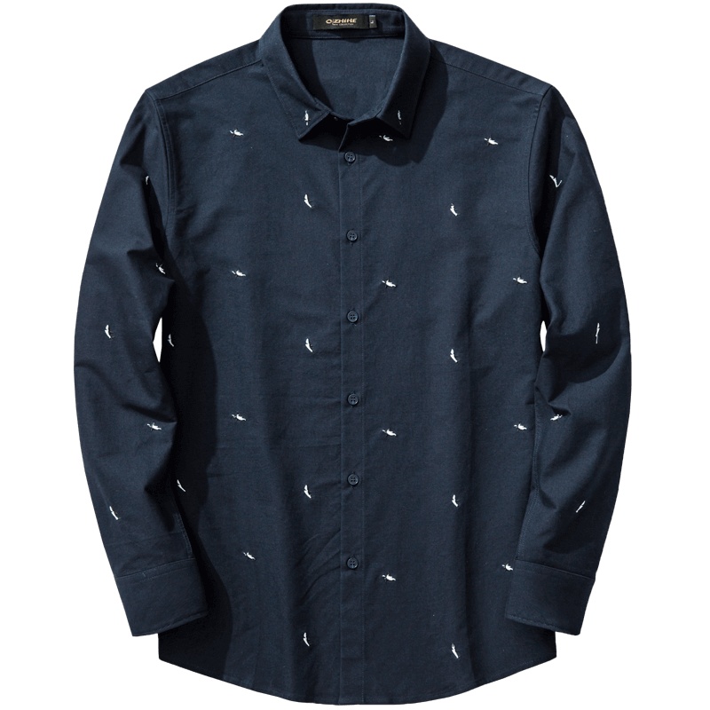 千纸鹤男装刺绣衬衣2019秋季青年男士纯棉潮流衬衫男绣花上衣10156