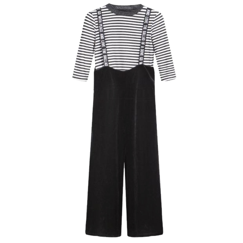【热卖】背带阔腿裤套装女2018春装新款韩版显瘦条纹T恤配长裤时尚两件套20009597
