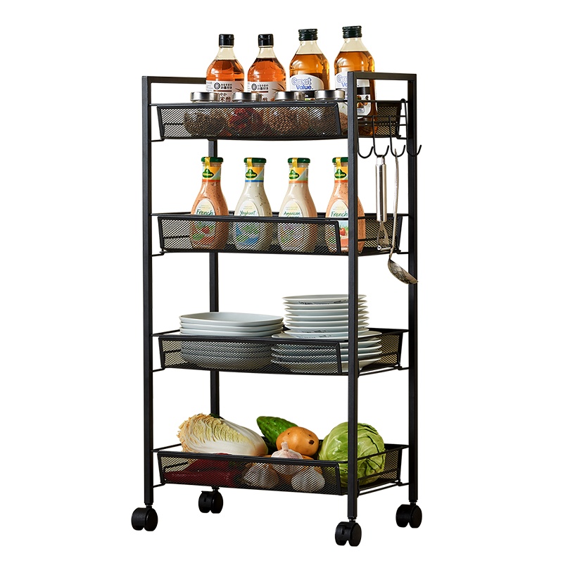 溢彩年华 黑色四层厨房小推车置物架落地多层卧室浴室可移动带轮收纳零食架子手推车YCI1060-BK