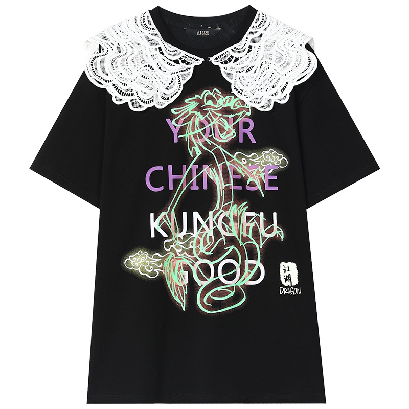 妖精的口袋蕾丝T恤女2020春夏新款黑色宽松网红ins超火上衣