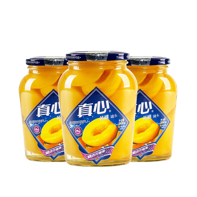 真心罐头正品对开黄桃水果罐头玻璃瓶装880g*3罐整箱