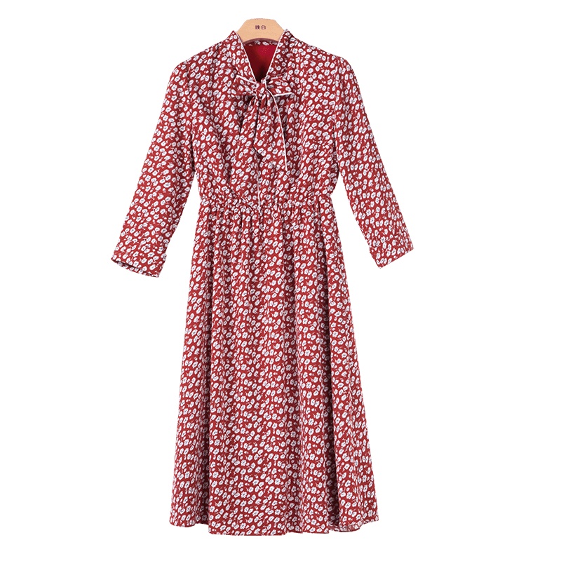 晚白 2020春新品淑女碎花系带领收腰显瘦中长款印花雪纺裙连衣裙女