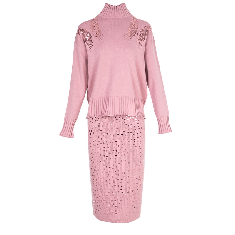 晚白2020冬季新品休闲淑女立领长袖针织衫高腰包臀裙时尚套装女