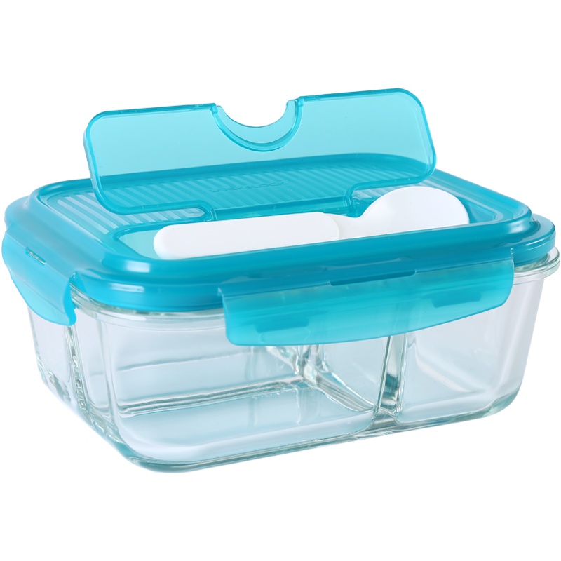 乐扣乐扣(lock&lock) 分隔玻璃保鲜盒 大容量长方形便当盒 配叉勺餐具 LLG447CLG 三分隔 1000ml