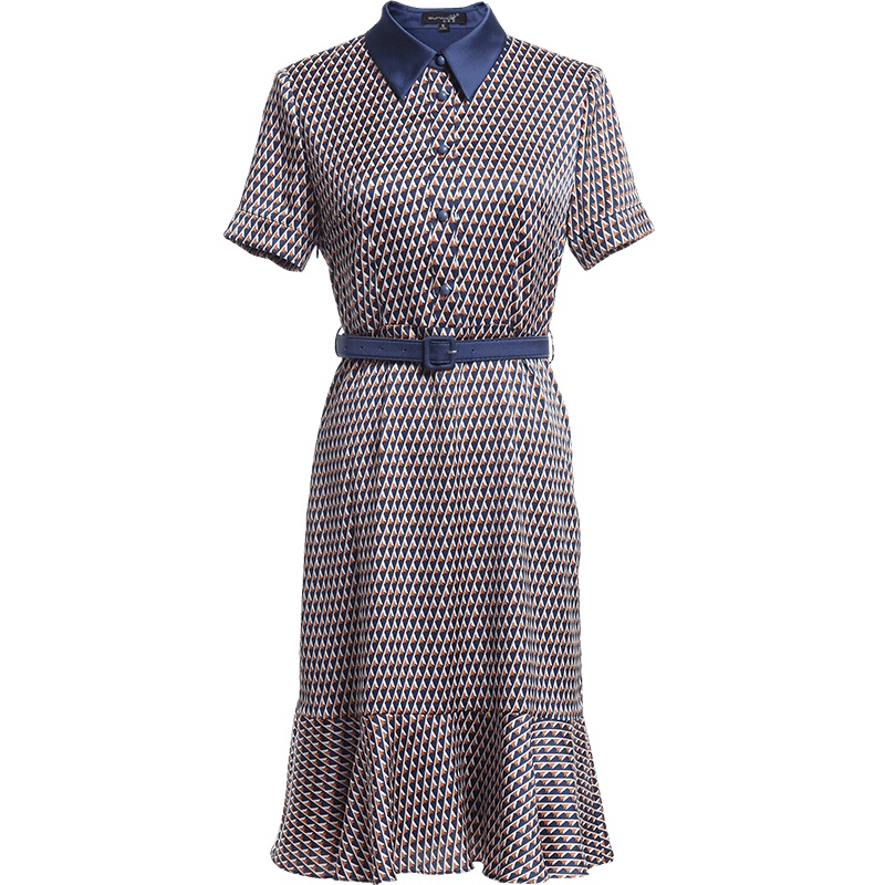 欧昵雪夏季高腰短袖格纹优雅包臀鱼尾裙连衣裙女气质中裙