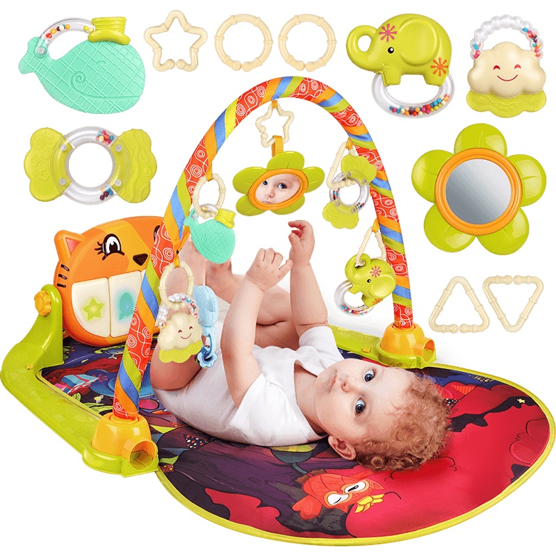 纽奇(Nukied)婴儿健身架脚踏钢琴摇铃早教益智音乐玩具0-3-6-12个月新生宝宝玩具男女孩礼物[龅牙猫健身架]