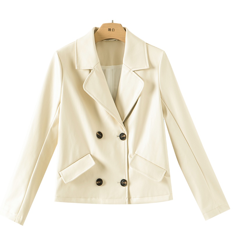 晚白2021春季新品时尚纯色百搭长袖休闲双排扣西装式皮衣外套女