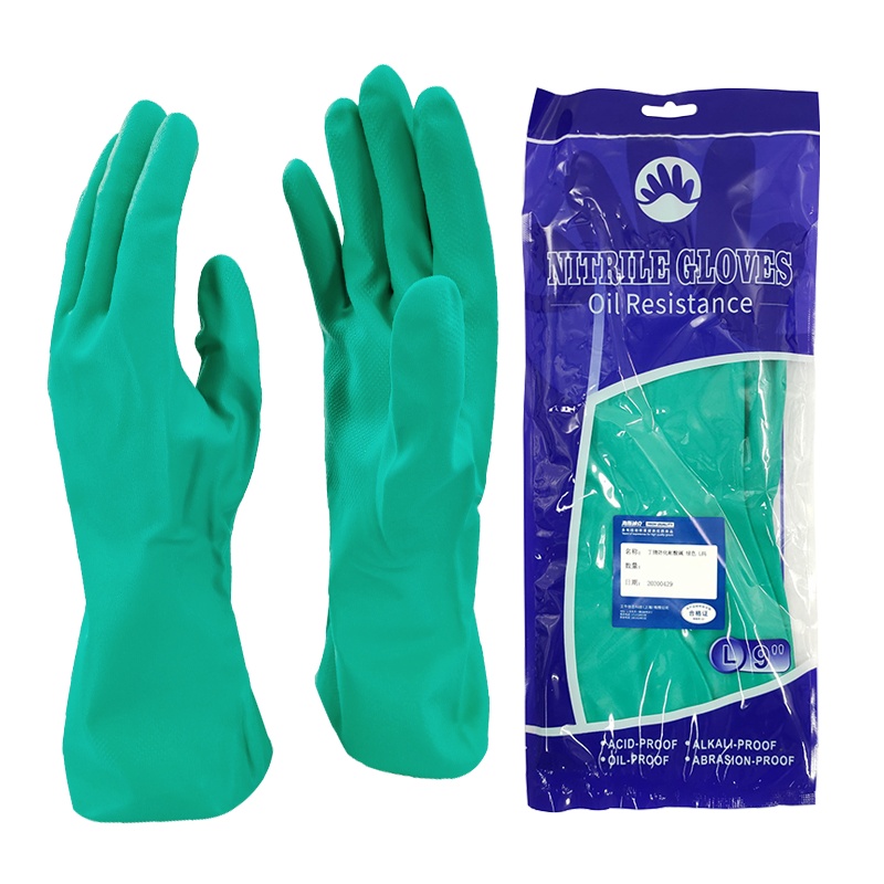 海斯迪克 HKSB09 丁腈防化耐酸碱 耐油防滑 劳保橡胶洗衣 工业防腐蚀 化学实验手套 丁晴手套 绿色 L码