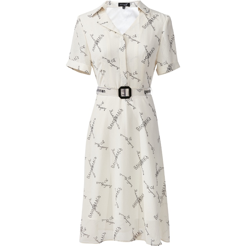 欧昵雪夏季韩版翻领短袖高腰字母印花雪纺连衣裙女气质