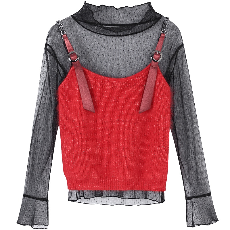 马克华菲女装2019春季新款两件套蕾丝内搭针织外搭长袖针织衫