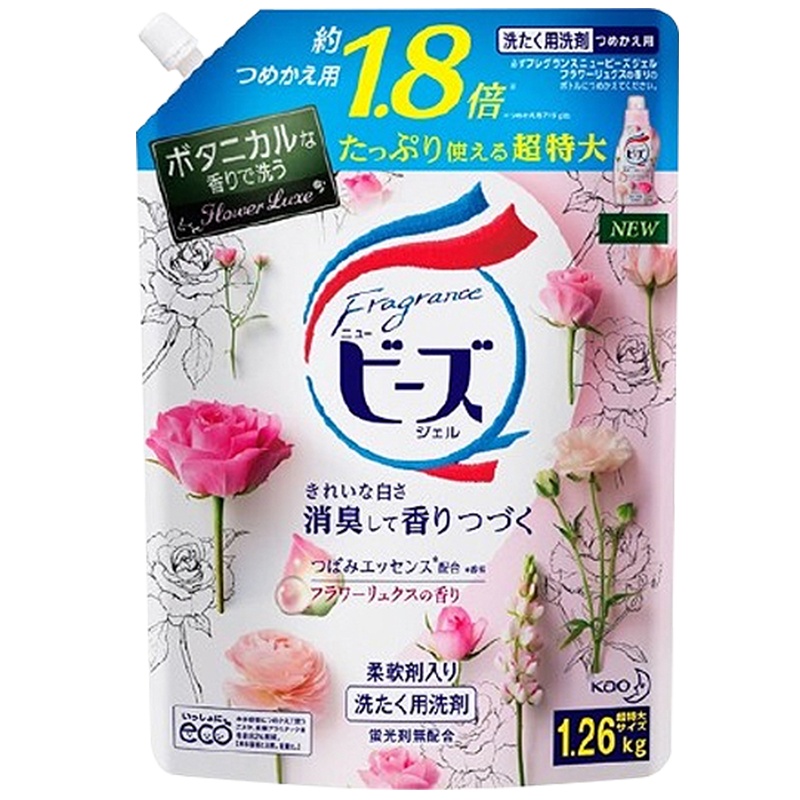 花王(KAO) 含柔顺剂柔软护色去污洗衣液 玫瑰花香 替换装袋装1.22kg