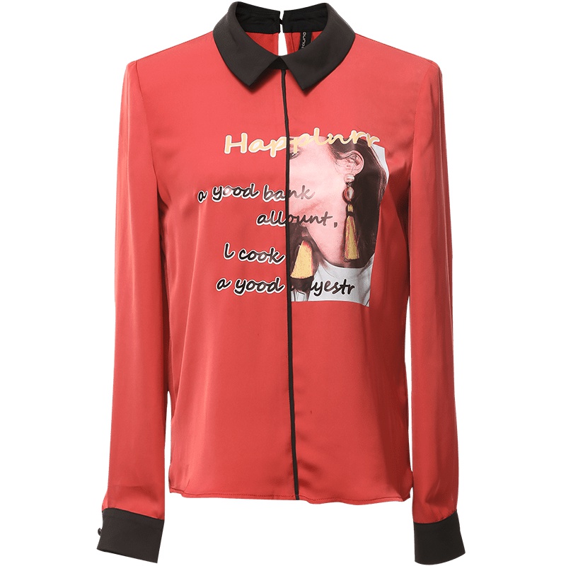 欧昵雪秋季字母人物印花撞色Polo领套头衬衫女时尚OL衬衣