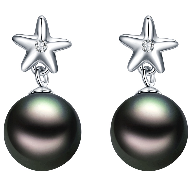brir 佰色传情 正圆8-9mm星星大溪地黑珍珠耳饰耳钉耳环女18K金钻石正品女