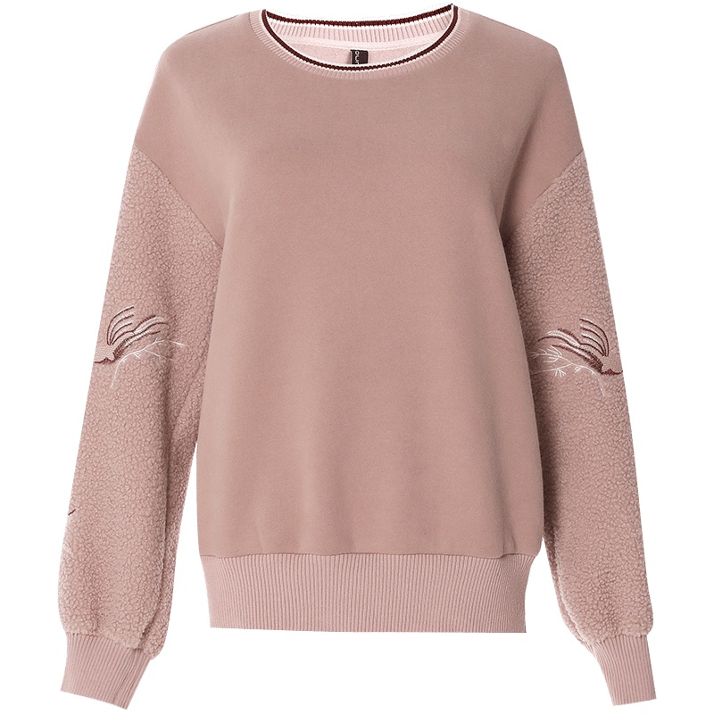 欧昵雪秋冬装绣花毛绒灯笼袖圆领套头加绒加厚宽松卫衣女长袖