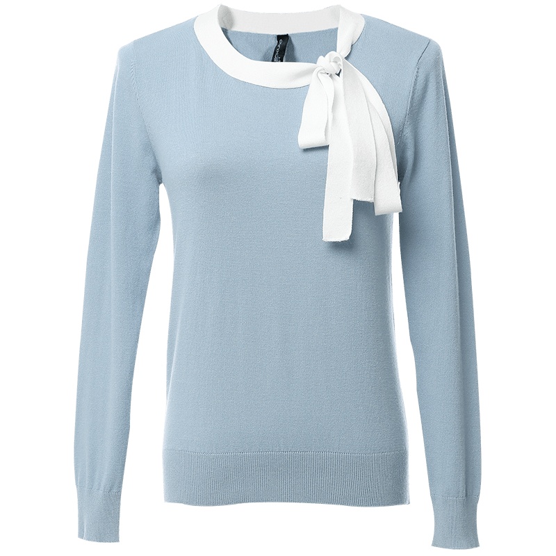 欧昵雪圆领系带长袖蝴蝶结针织衫女上衣套头短款毛衣