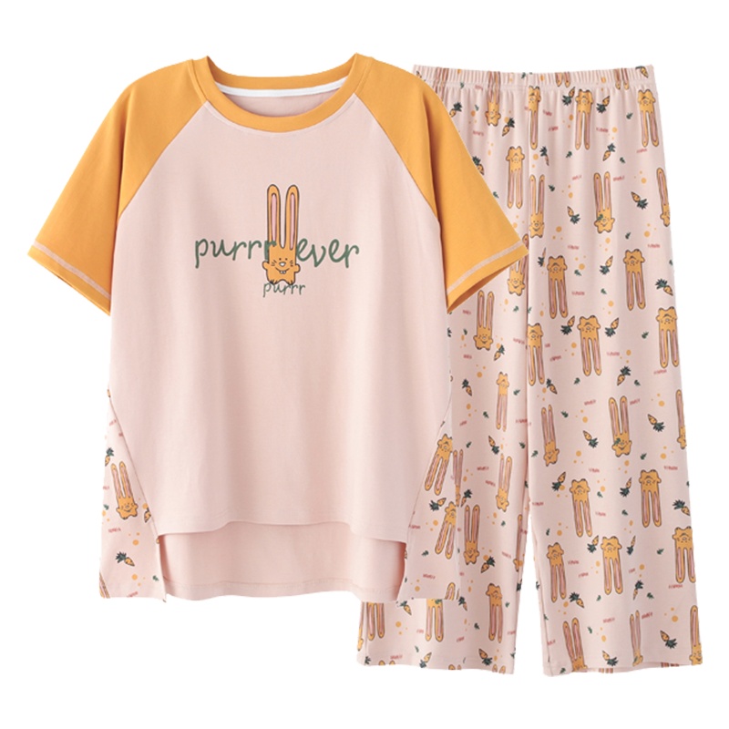 浪莎新款纯棉夏季睡衣女高裆短袖七分裤韩版休闲宽松家居服可外穿