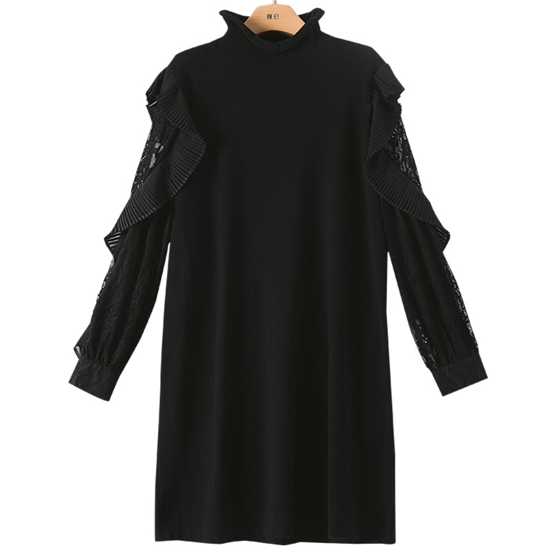 晚白2020冬季新品立领长袖纯色收腰系带毛衣裙蕾丝针织连衣裙女