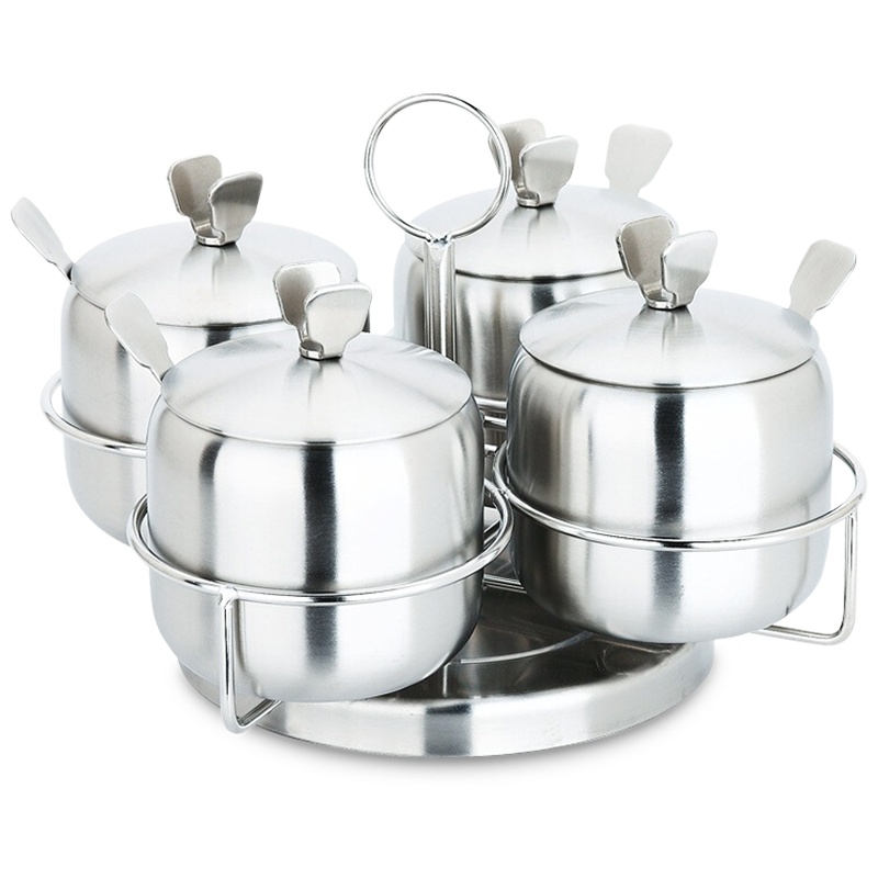 美厨 304不锈钢调味罐 调料盒调料罐调味盒四件套 带旋转支架带调料勺 旋转式有孔盖MCPJ-WG004