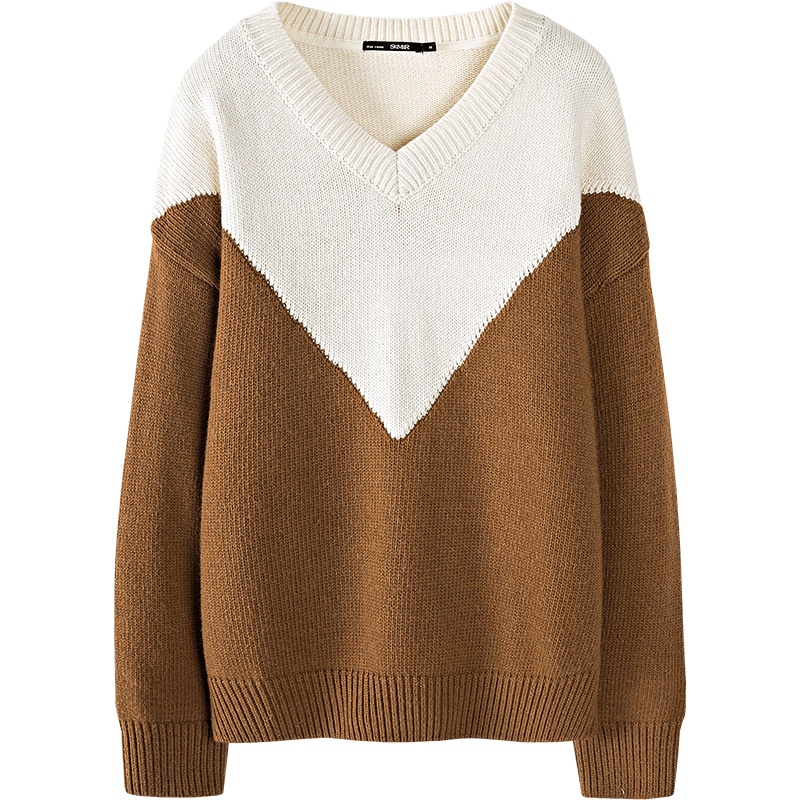 Semir森马毛衫女2019冬季新款宽松V领毛衣撞色设计感打底针织衫上衣潮