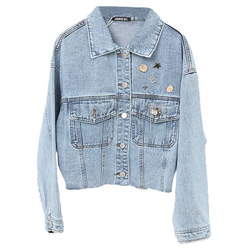 ENJOY'ME女装2020春季新品下摆剪裁胸针装饰浅色洗水牛仔外套