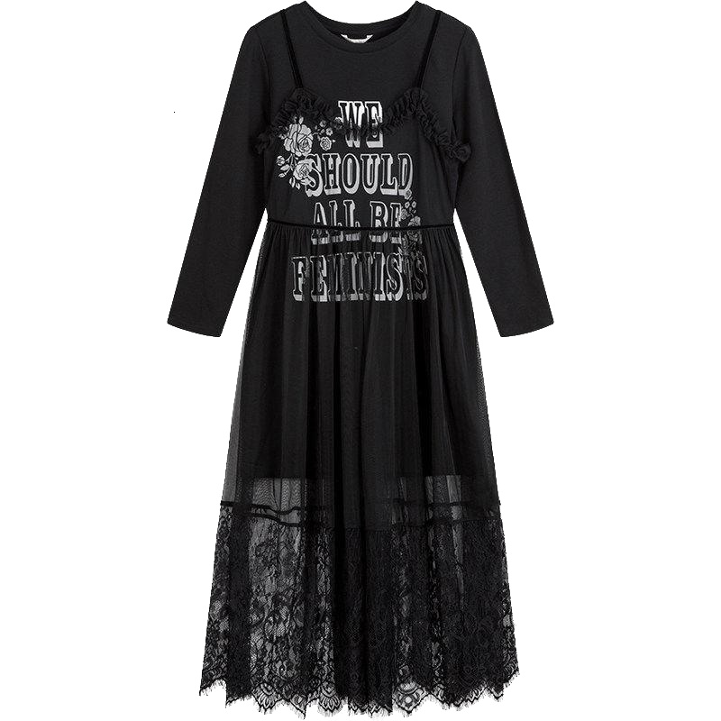 拉夏贝尔 La Babite长袖连衣裙秋冬蕾丝高腰中长裙两件套装60006153