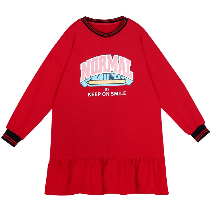 2019新款韩版宽松长袖薄款连衣裙女休闲运动风学生荷叶边卫衣裙秋