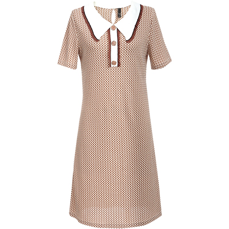 欧昵雪夏装气质娃娃领格子连衣裙女设计感收腰显瘦a字裙