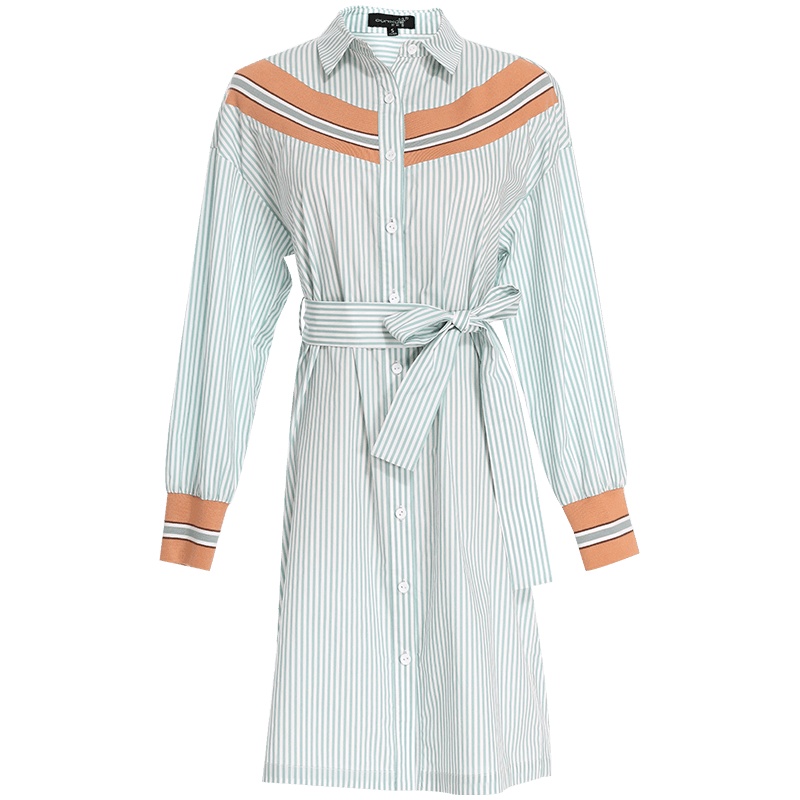 欧昵雪螺纹拼接翻领条纹衬衫裙子女蝴蝶结收腰连衣裙