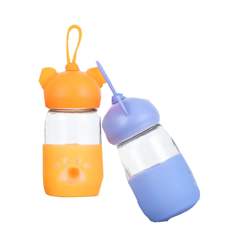 儿童学生透明玻璃随手水杯 带盖卡通小熊水杯