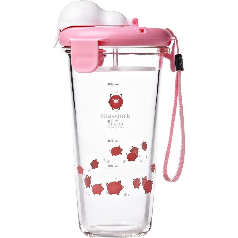 Glasslock韩国进口可爱卡通玻璃杯带刻度水杯少女创意带盖随手杯加厚创意小猪杯子450ml