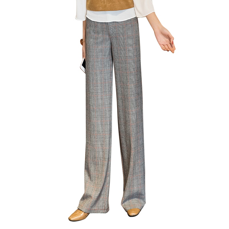 丝柏舍2019秋装女装英伦格子高腰长款阔腿休闲裤S93B4383K
