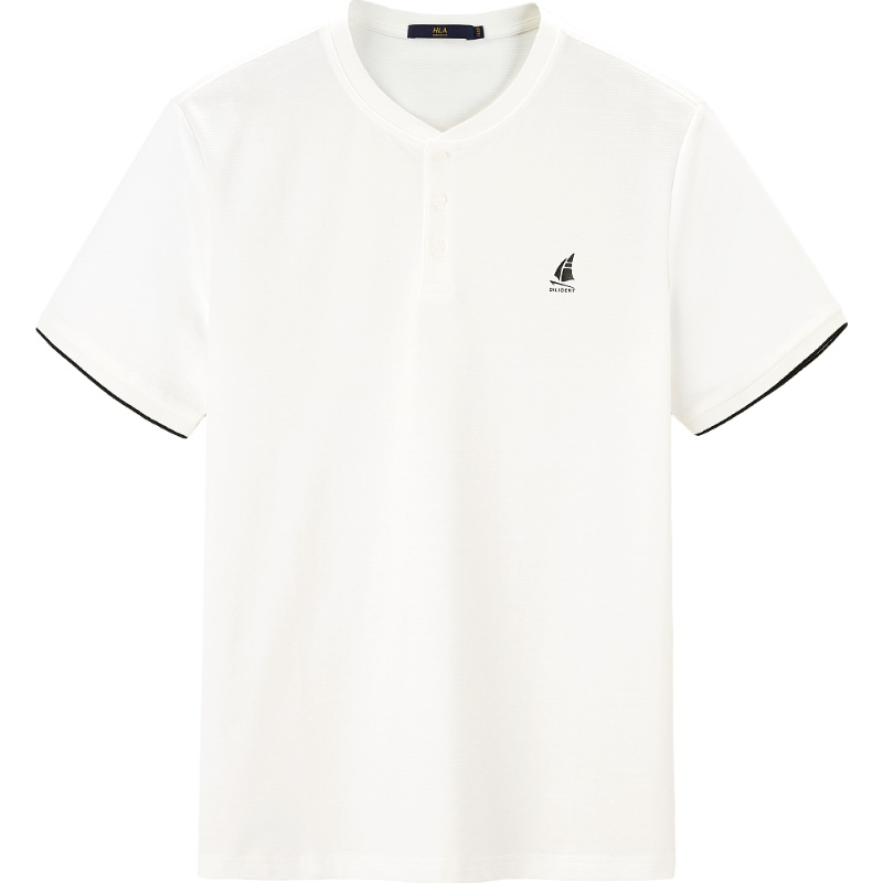 HLA海澜之家米白净色短袖T恤2019夏季立领三扣罗纹装饰短T男HNTBJ2R289A