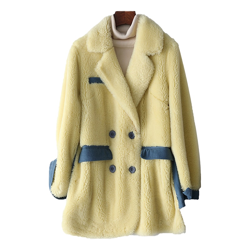 女式时尚双排扣羽绒拼接大颗粒复合皮毛一体羊毛皮草外套