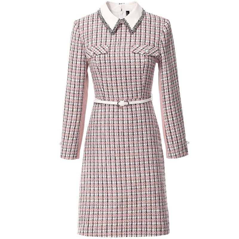 欧昵雪秋冬小香风衬衫领九分袖收腰编织呢子连衣裙女短裙