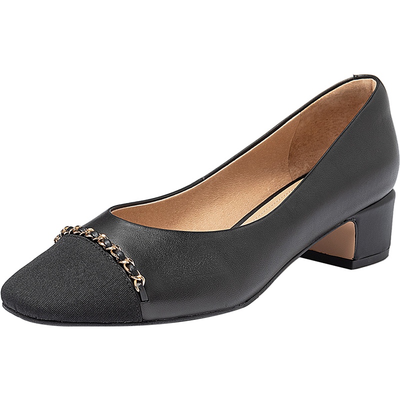 百田森秋季新款小香风单鞋女名媛粗跟方头拼接真皮链条单鞋